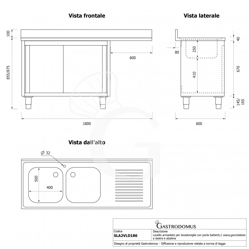 Lavello armadiato vano lavastoviglie,2 vasche,gocciolatoio destra,L1800xP600xH965mm - con foro rubinetto Ø 32 mm