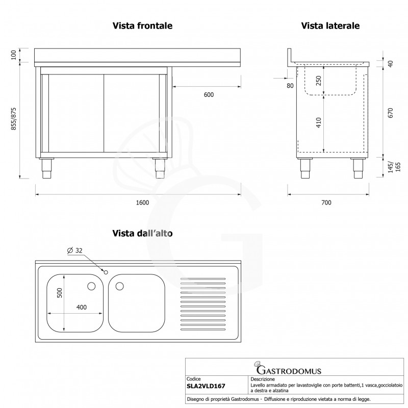 Lavello armadiato vano lavastoviglie,2 vasche,gocciolatoio destra,L1600xP700xH965mm - con foro rubinetto Ø 32 mm
