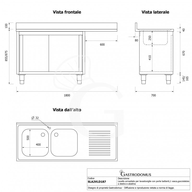 Lavello armadiato vano lavastoviglie,2 vasche,gocciolatoio destra,L1800xP700xH965mm - con foro rubinetto Ø 32 mm