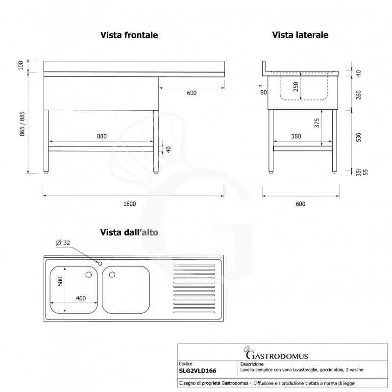 Lavello con vano lavastoviglie, gocciolatoio a destra, 2 vasche, L1600xP600xH965mm - con foro rubinetto Ø 32 mm