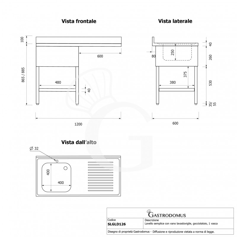 Lavello con vano lavastoviglie, gocciolatoio a destra,1 vasca, L 1200 x P 600 x H 965 mm - con foro rubinetto Ø 32 mm