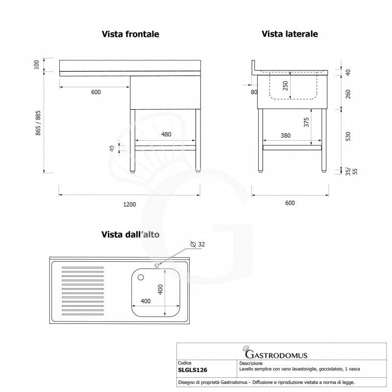 Lavello con vano lavastoviglie, gocciolatoio a sinistra, 1 vasca, L 1200 x P 600 x H 965 mm - con foro rubinetto Ø 32 mm