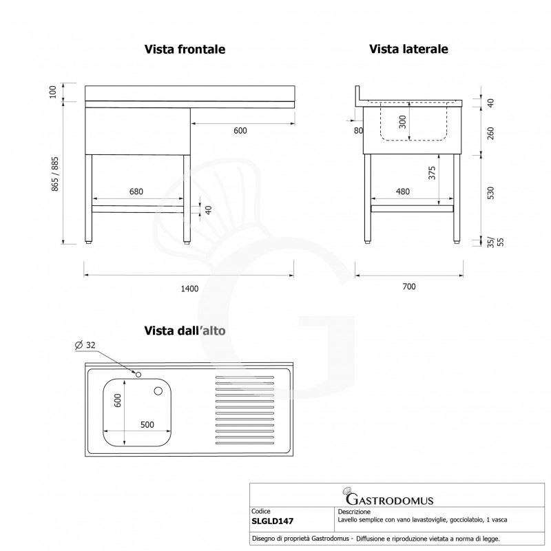 Lavello con vano lavastoviglie, gocciolatoio a destra, 1 vasca, L 1400 x P 700 x H 965 mm - con foro rubinetto Ø 32 mm