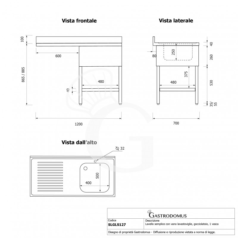 Lavello con vano lavastoviglie, gocciolatoio a sinistra, 1 vasca, L 1200 x P 700 x H 965 mm - con foro rubinetto Ø 32 mm