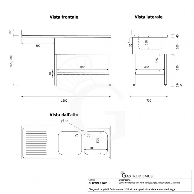Lavello con vano lavastoviglie, gocciolatoio a sinistra, 2 vasche, L1600xP700xH965mm - con foro rubinetto Ø 32 mm