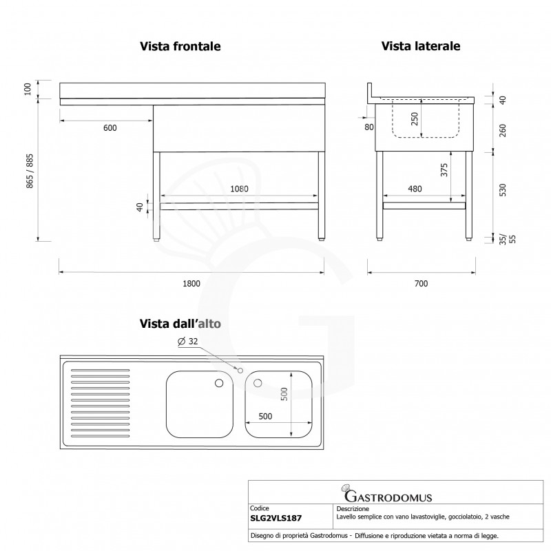 Lavello con vano lavastoviglie, gocciolatoio a sinistra, 2 vasche, L1800xP700xH965mm - con foro rubinetto Ø 32 mm