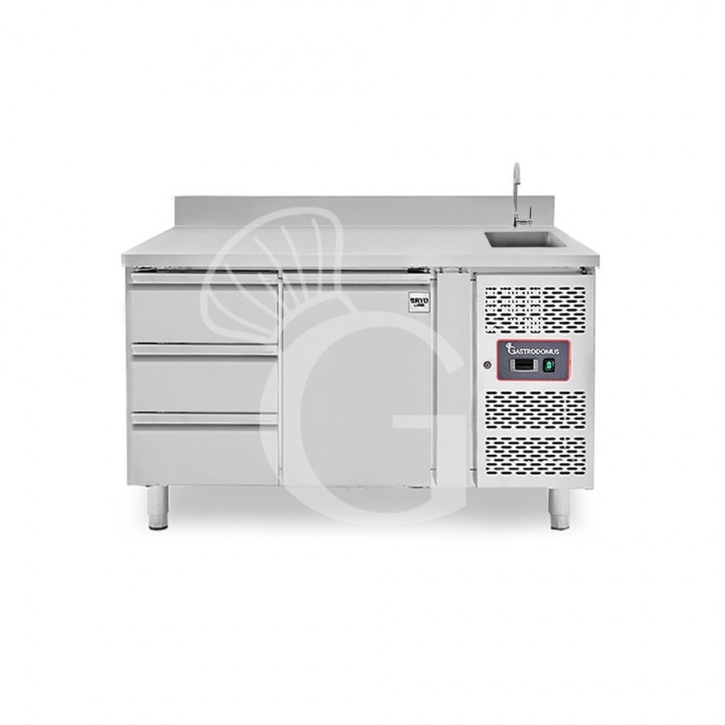 Tavolo refrigerato 3 cassetti 1 porta con lavello e alzatina Tavolo refrigerato 3 cassetti 1 porta con lavello e alzatina