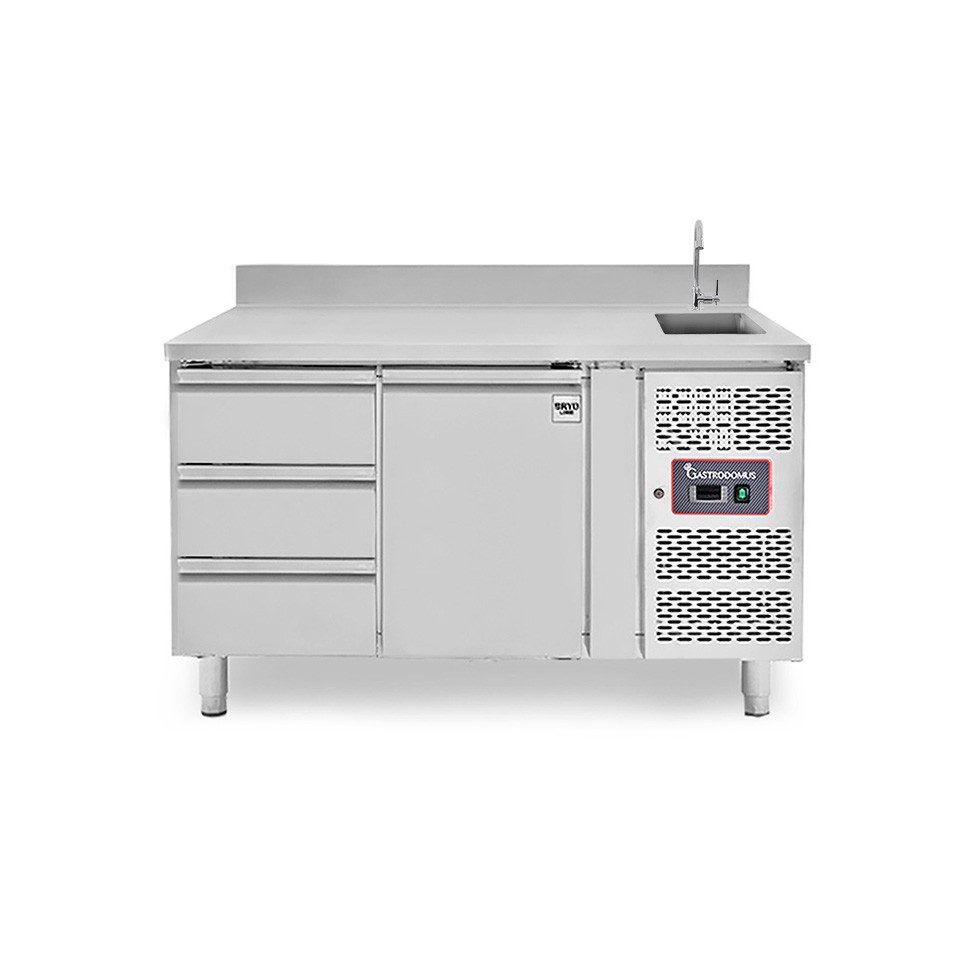 Tavolo refrigerato 3 cassetti 1 porta con lavello e alzatina