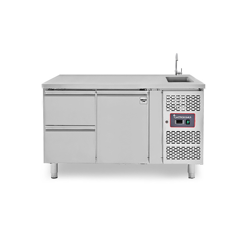 Tavolo refrigerato 2 cassetti 1 porta con lavello, Prof. 700 mm, temp. +2°C/+8°C, completo di rubinetto