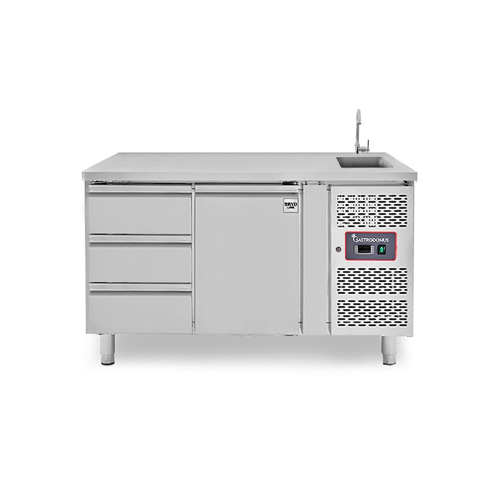 Tavolo refrigerato 3 cassetti 1 porta con lavello, Prof. 700 mm, temp. +2°C/+8°C, completo di rubinetto