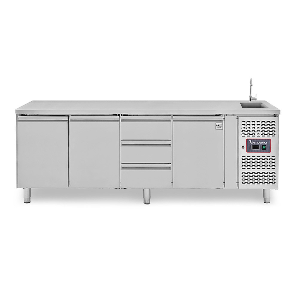 Tavolo refrigerato 3 cassetti 3 porte con lavello, Prof. 700 mm, temp. +2°C/+8°C, completo di rubinetto