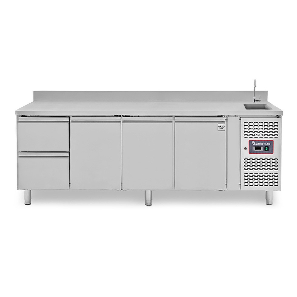 Tavolo refrigerato 2 cassetti a sinistra, 3 porte, lavello, rubinetto e alzatina, P 700 mm, +2°C/+8°C