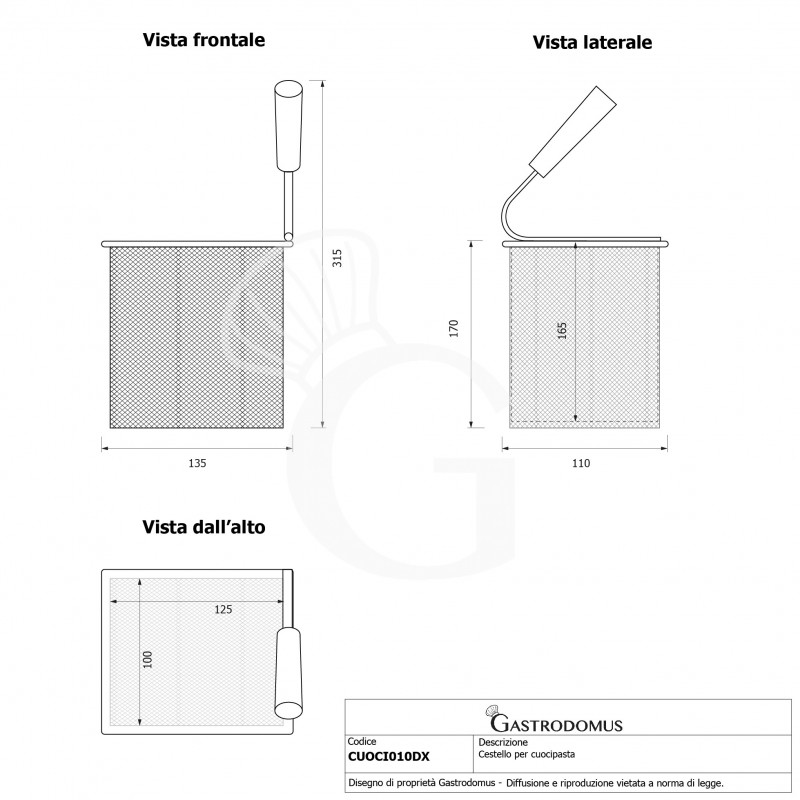 Cestello per cuocipasta manico a destra - L 135 mm x P 110 mm x H 170 mm