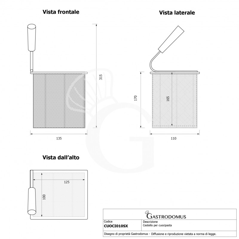 Cestello per cuocipasta manico a sinistra - L 135 mm x P 110 mm x H 170 mm