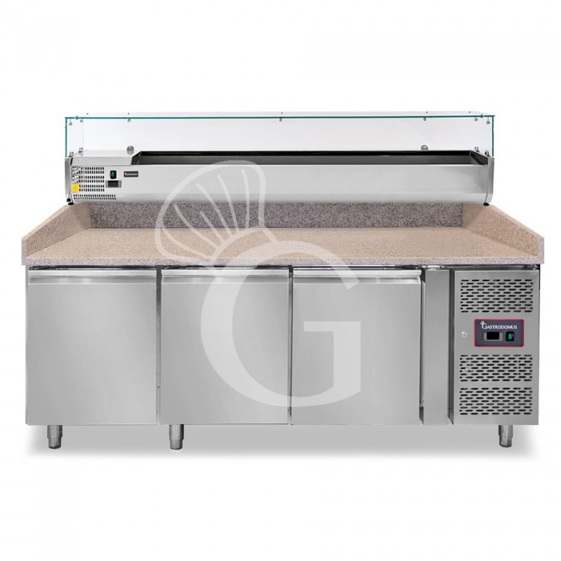 Banco Pizza refrigerato piano in granito 3 porte vetrina 9 bacinelle GN1/3 motore a sinistra 580 LT Banco Pizza refrigerato piano in granito 3 porte vetrina 9 bacinelle GN1/3 motore a sinistra 580 LT