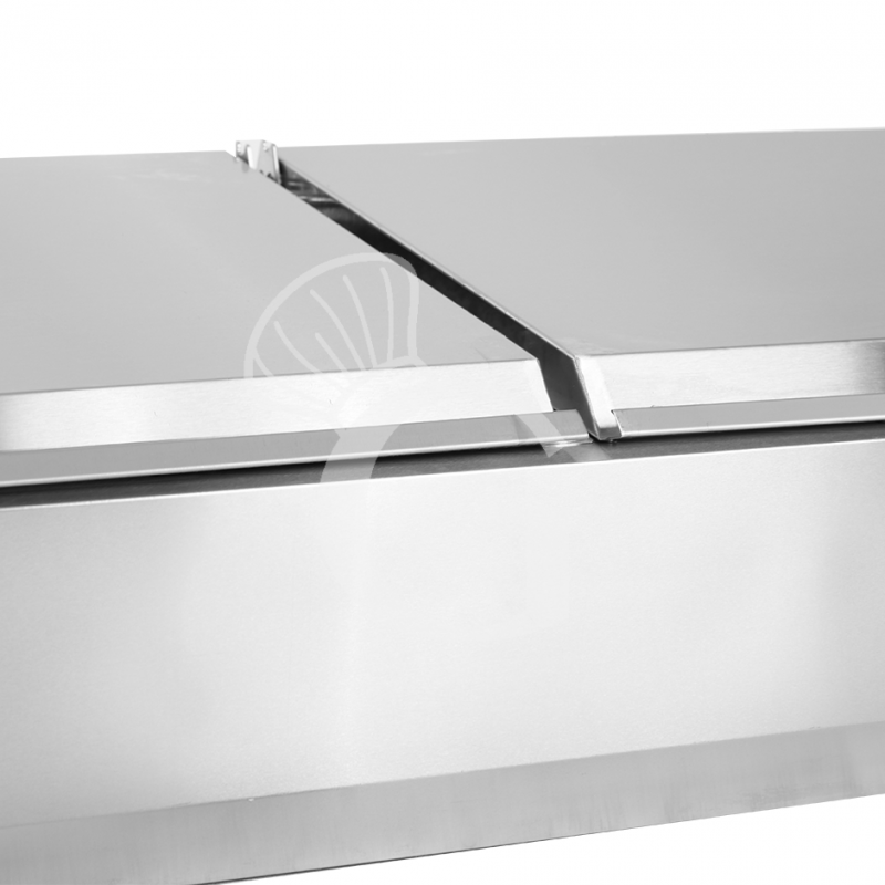 Vetrinetta refrigerata per pizzeria motore a sinistra con coperchio in acciaio inox L 1800 mm per 8 bacinelle GN1/3
