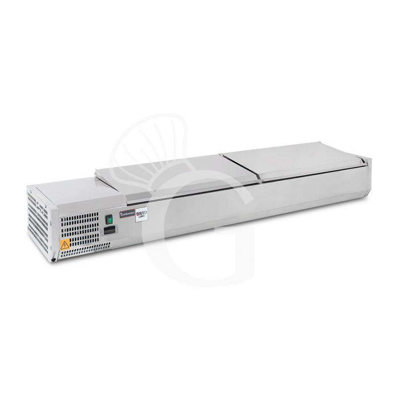 Vetrinetta refrigerata per pizzeria motore a sinistra con coperchio in acciaio inox L 1800 mm per 8 bacinelle GN1/3