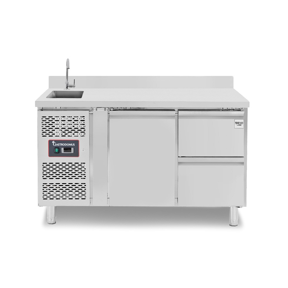 Tavolo refrigerato 2 cassetti 1 porta con lavello e alzatina,motore a sinistra Prof. 700 mm, temp. +2°C/+8°C, con rubinetto