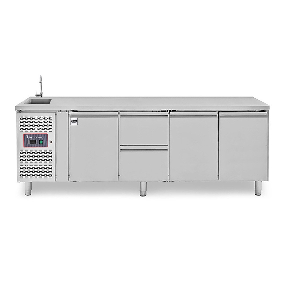 Tavolo refrigerato 2 cassetti centrale sinistro, 3 porte, lavello e rubinetto, motore a sinistra, P 700 mm, +2°C/+8°C