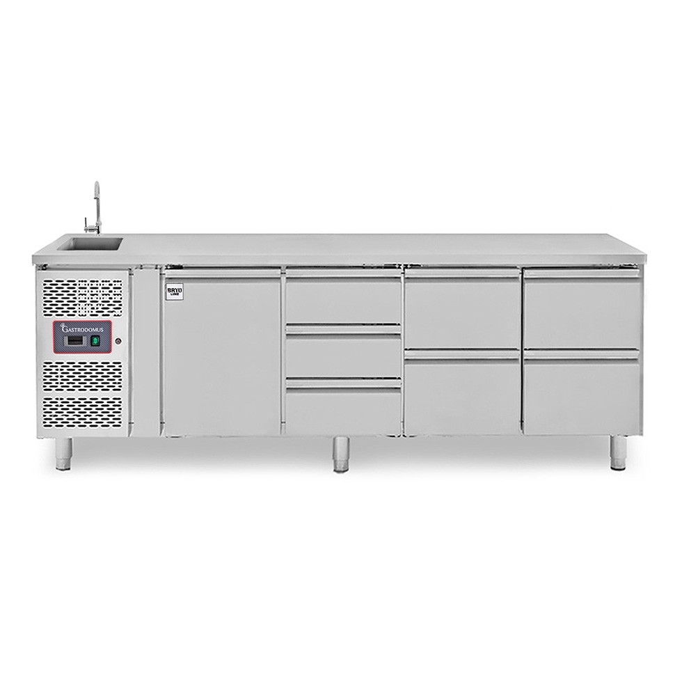 Tavolo refrigerato 7 cassetti + 1 porta, lavello, rubinetto, motore a sinistra, P 700 mm, +2°C/+8°C