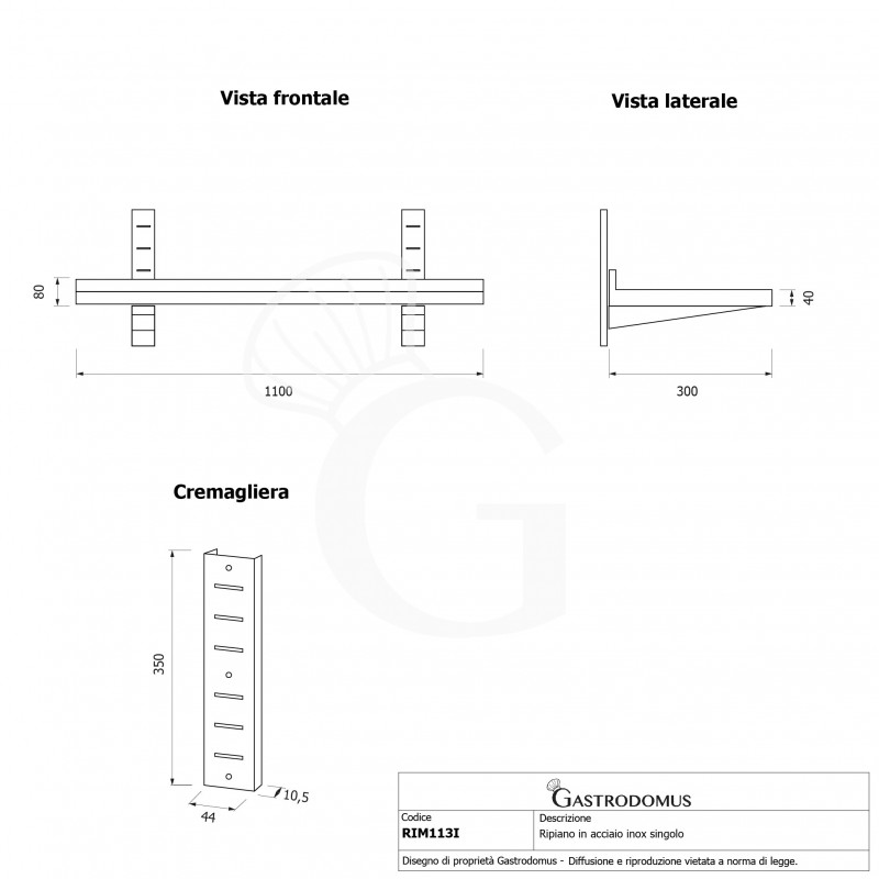 Mensola in acciaio inox singola, L 1100 mm x P 300 mm x H 350 mm