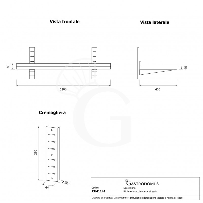 Mensola in acciaio inox singola, L 1100 mm x P 400 mm x H 350 mm