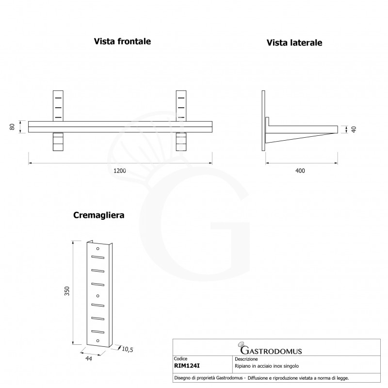 Mensola in acciaio inox singola, L 1200 mm x P 400 mm x H 350 mm