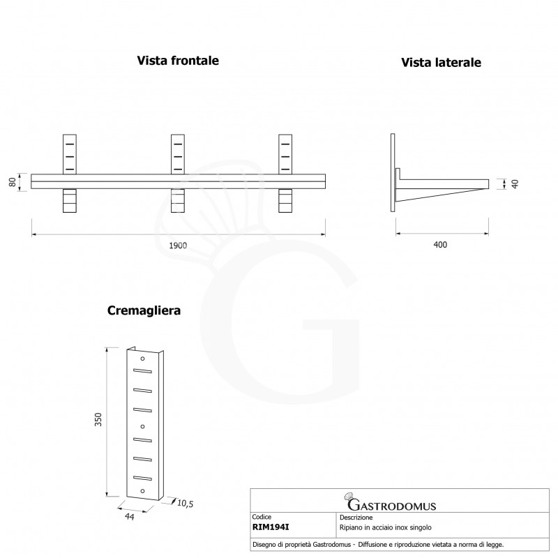 Mensola in acciaio inox singola, L 1900 mm x P 400 mm x H 350 mm