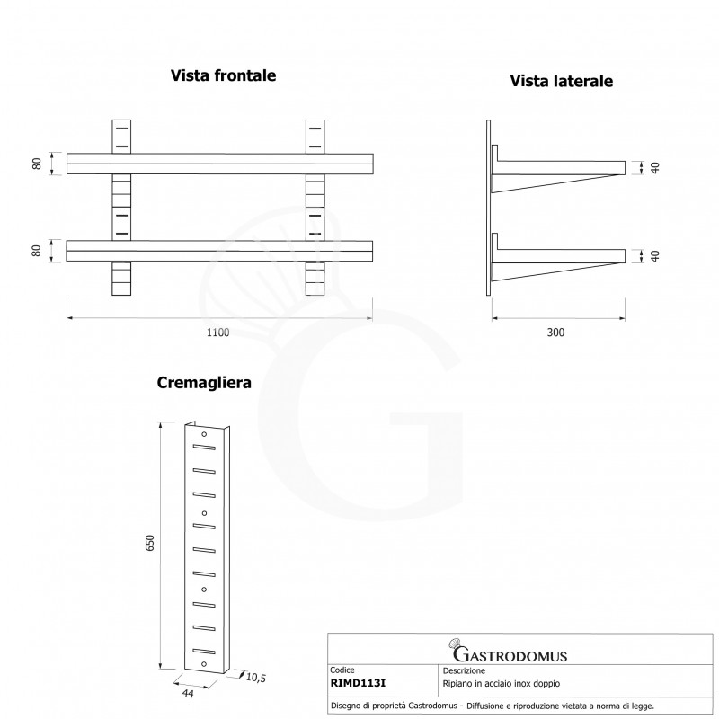 Ripiano in acciaio inox doppio, L 1100 mm x P 300 mm x H 700 mm