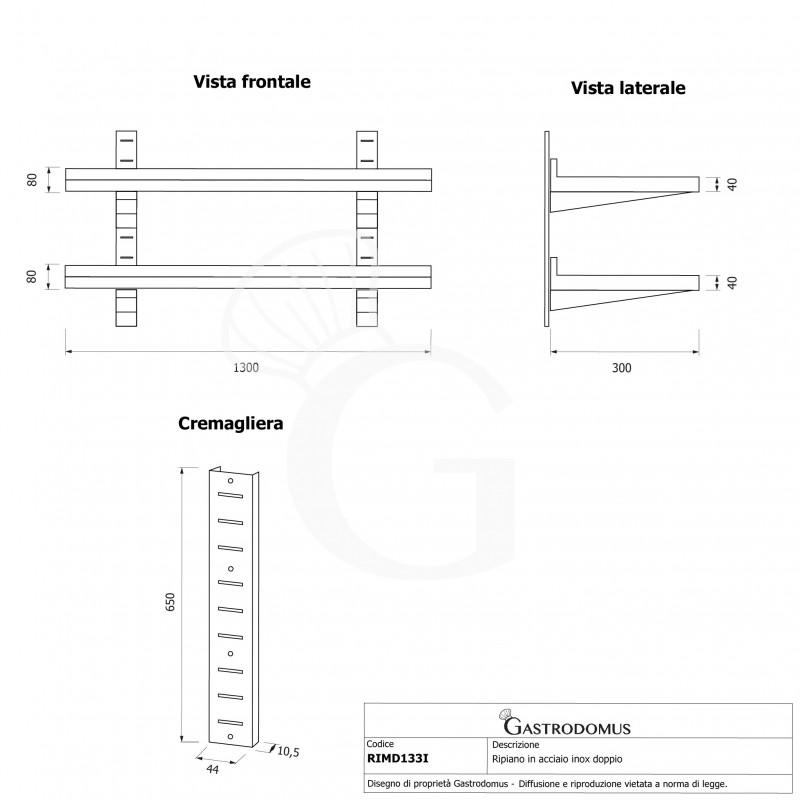 Mensola in acciaio inox doppia, L 1300 mm x P 300 mm x H 700 mm