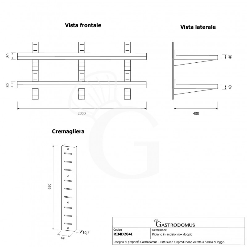 Doppia mensola in acciaio inox, L 2000 x P 400 x H 700 mm