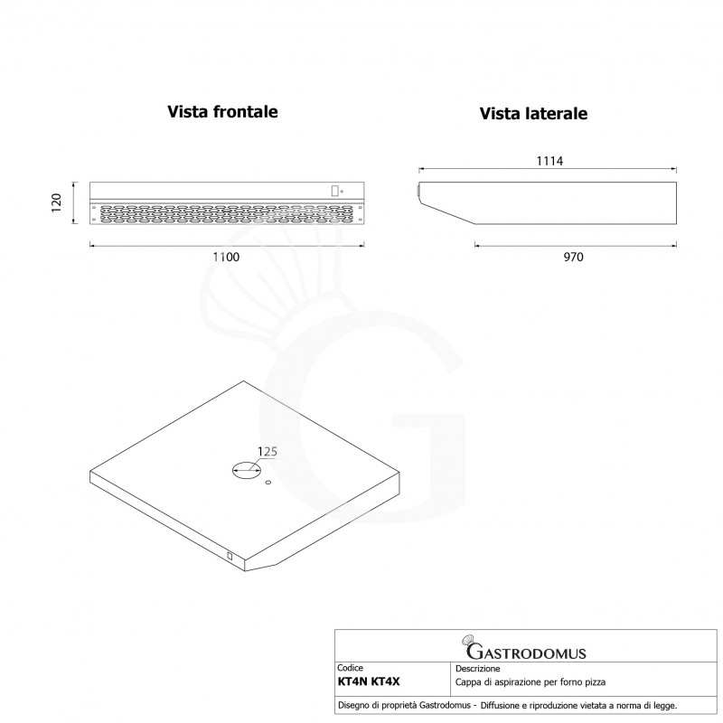 Cappa inox per forno pizza - L 1100 mm x P 1114 mm x H 120 mm