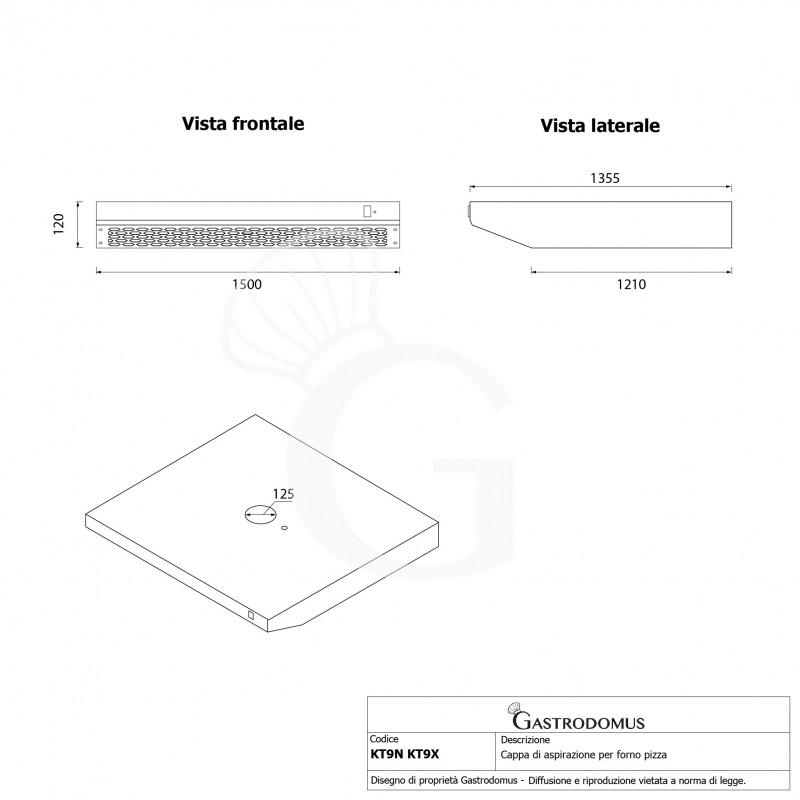 Cappa inox colore nero per forno pizza - L 1500 mm x P 1355 mm x H 120 mm