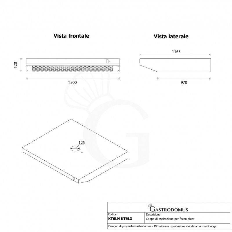 Cappa inox colore nero per forno pizza - L 1500 mm x P 1165 mm x H 120 mm
