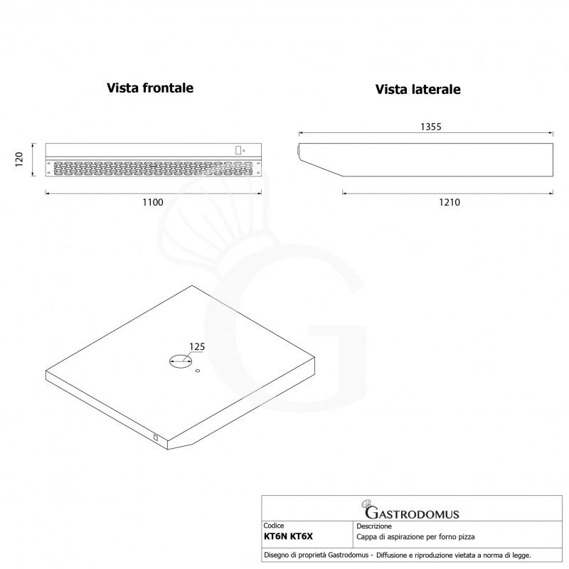 Cappa inox colore nero per forno pizza - L 1100 mm x P 1355 mm x H 120 mm