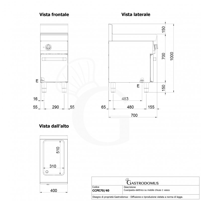 Cuocipasta professionale elettrico su mobile chiuso 1 vasca 40 LT L 400 mm x P 700 mm x H 850 mm