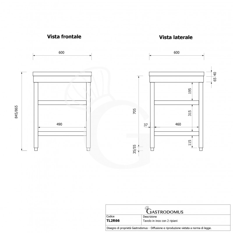 Tavolo inox 2 ripiani L 600 mm x P 600 mm x H 865 mm