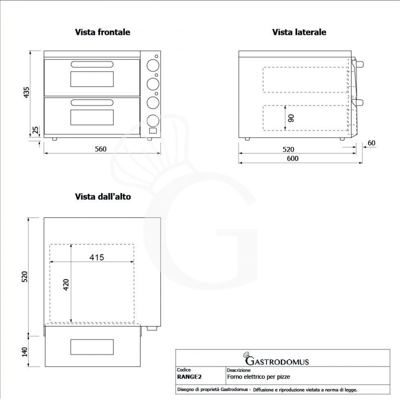 Fornetto Elettrico 1+1 pizza diametro 350 mm 2 camere controllo meccanico temperatura 350°C potenza 3 Kw