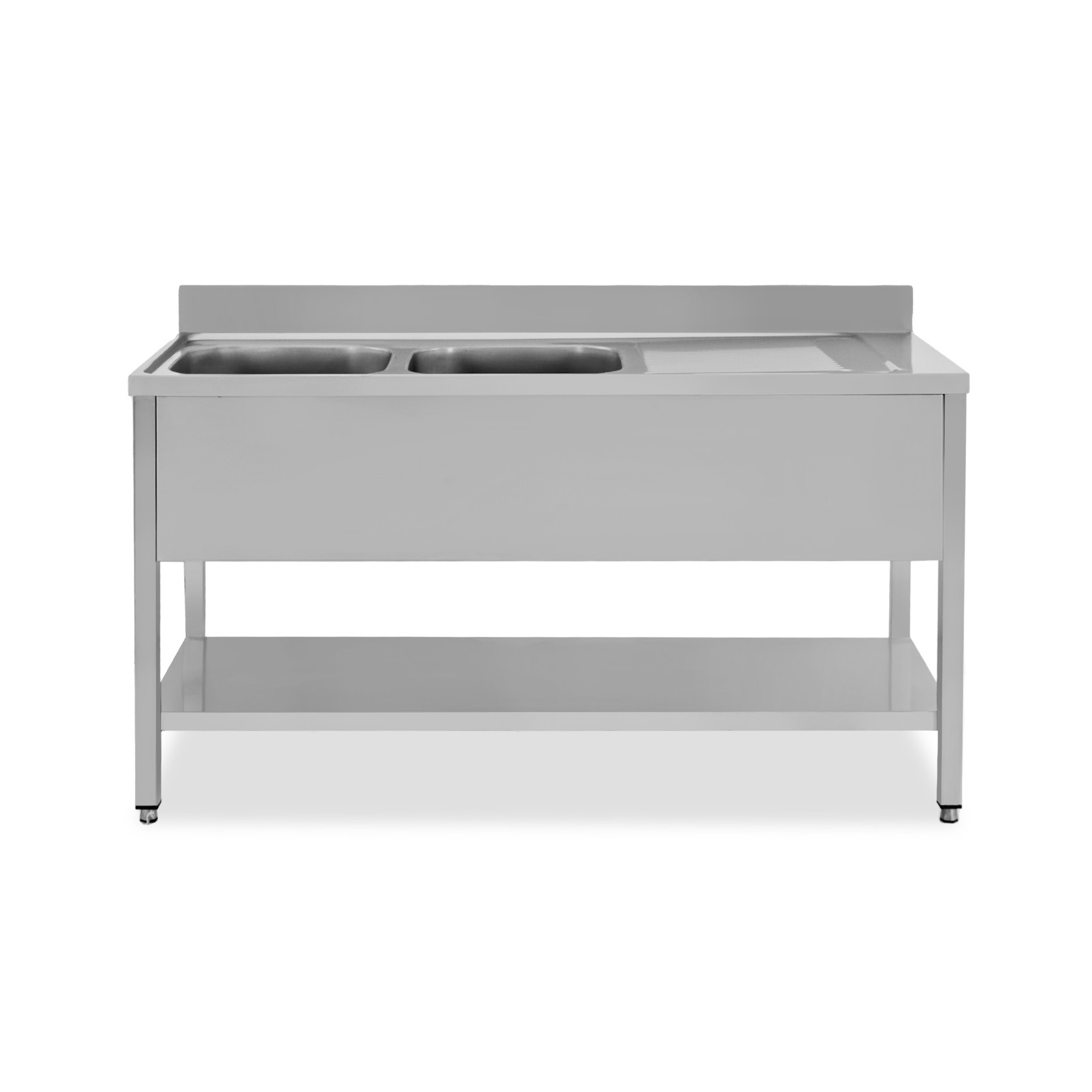 Lavello semplice con alzatina, 1 ripiano, 2 vasche, gocciolatoio a destra, L1500xP600xH950mm