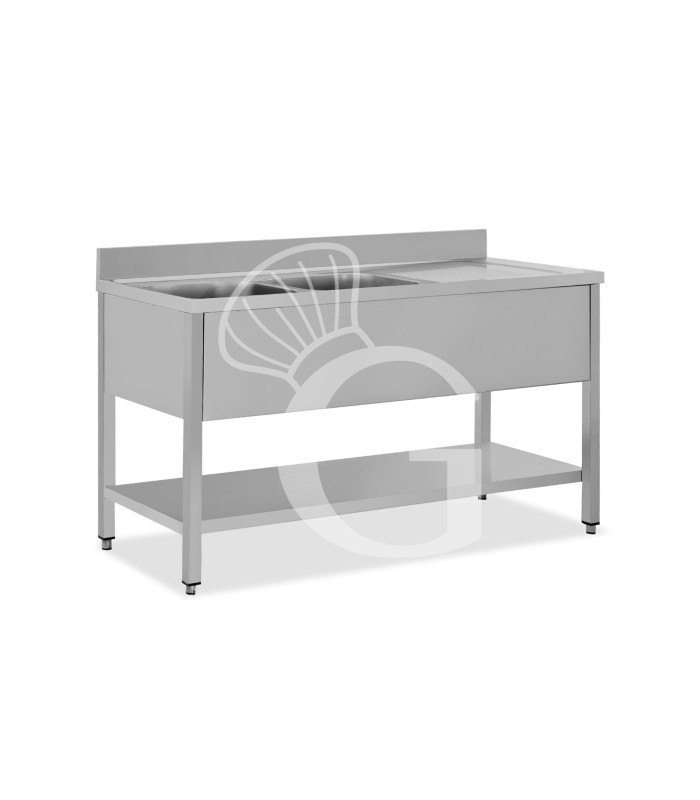 Lavello semplice con alzatina, 1 ripiano, 2 vasche, gocciolatoio a destra, L1500xP600xH950mm