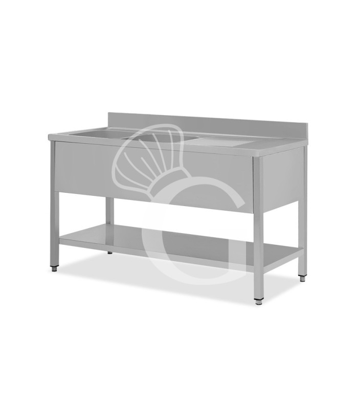 Lavello semplice con alzatina, 1 ripiano, 2 vasche, gocciolatoio a destra, L1500xP600xH950mm
