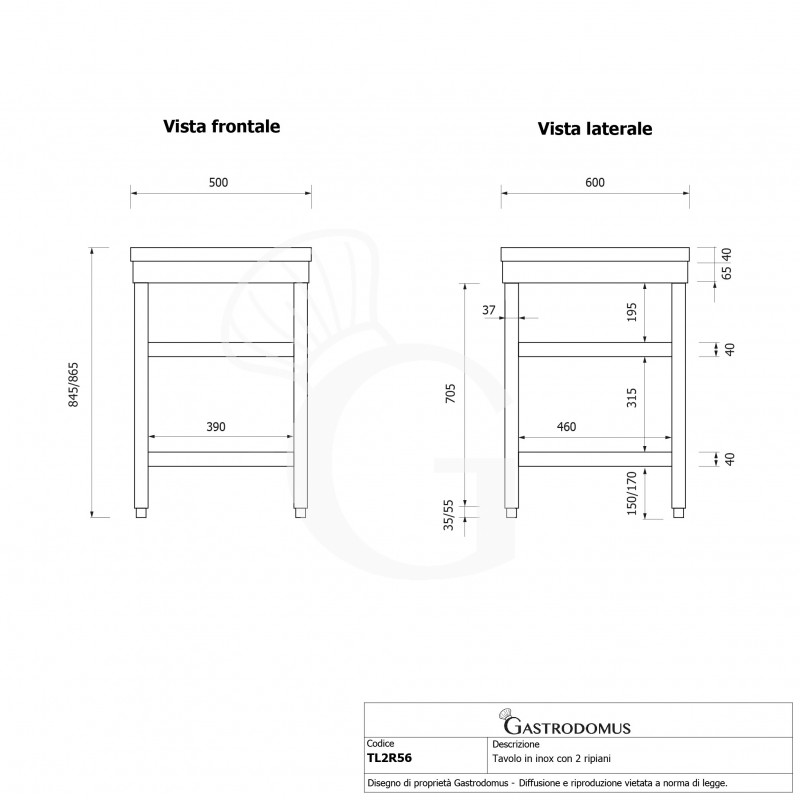 Tavolo inox 2 ripiani L 500 mm x P 600 mm x H 865 mm