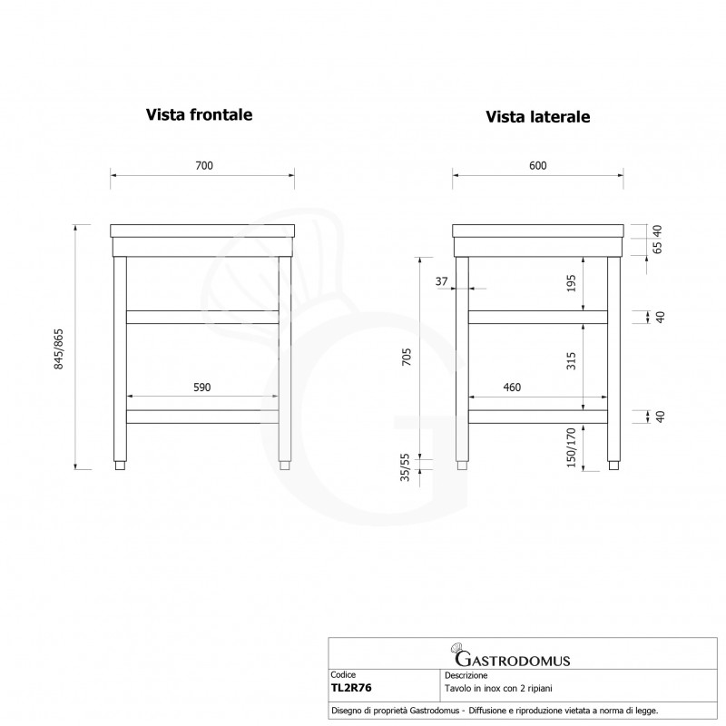 Tavolo inox 2 ripiani L 700 mm x P 600 mm x H 865 mm