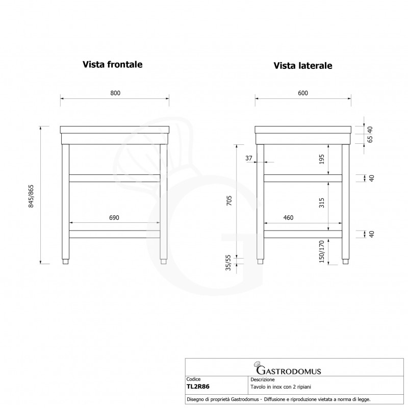 Tavolo inox 2 ripiani L 800 mm x P 600 mm x H 865 mm