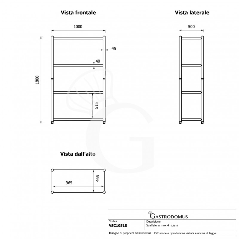 Scaffale acciaio inox 4 ripiani L 1000 x P 500 x H 1800 mm