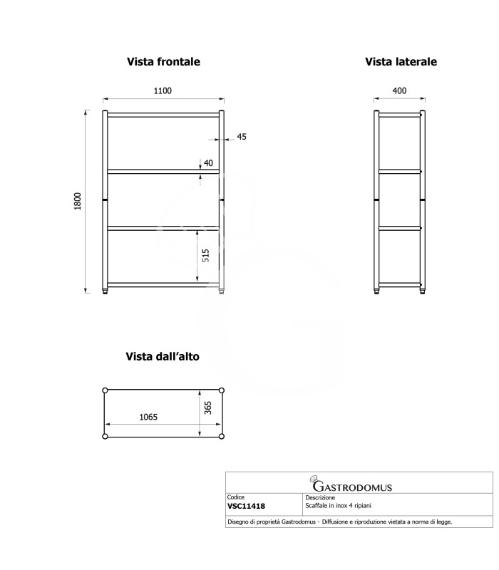 Scaffale acciaio inox 4 ripiani L 1100 x P 400 x H 1800 mm