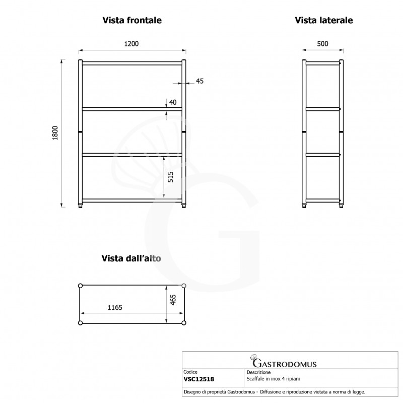 Scaffale acciaio inox 4 ripiani L 1200 x P 500 x H 1800 mm