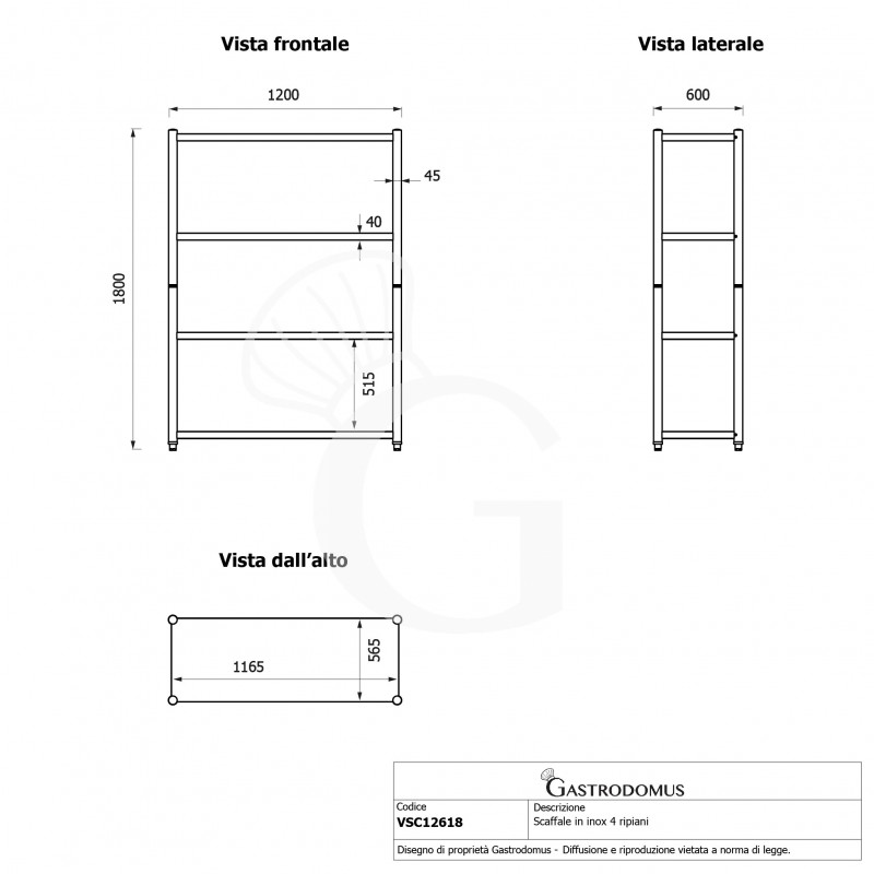 Scaffale acciaio inox 4 ripiani L 1200 x P 600 x H 1800 mm