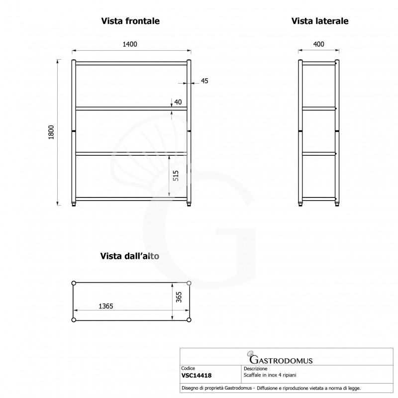 Scaffale acciaio inox 4 ripiani L 1400 x P 400 x H 1800 mm