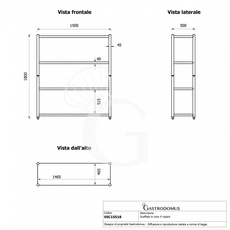 Scaffale acciaio inox 4 ripiani L 1500 x P 500 x H 1800 mm